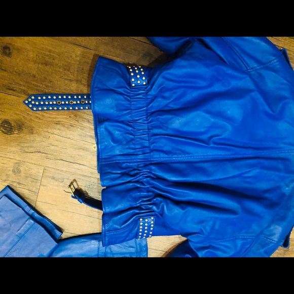 Manart Vintage Blue Leather Jacket and Pant Set! Size Large Jacket Size 10 Pant - Picture 8 of 14